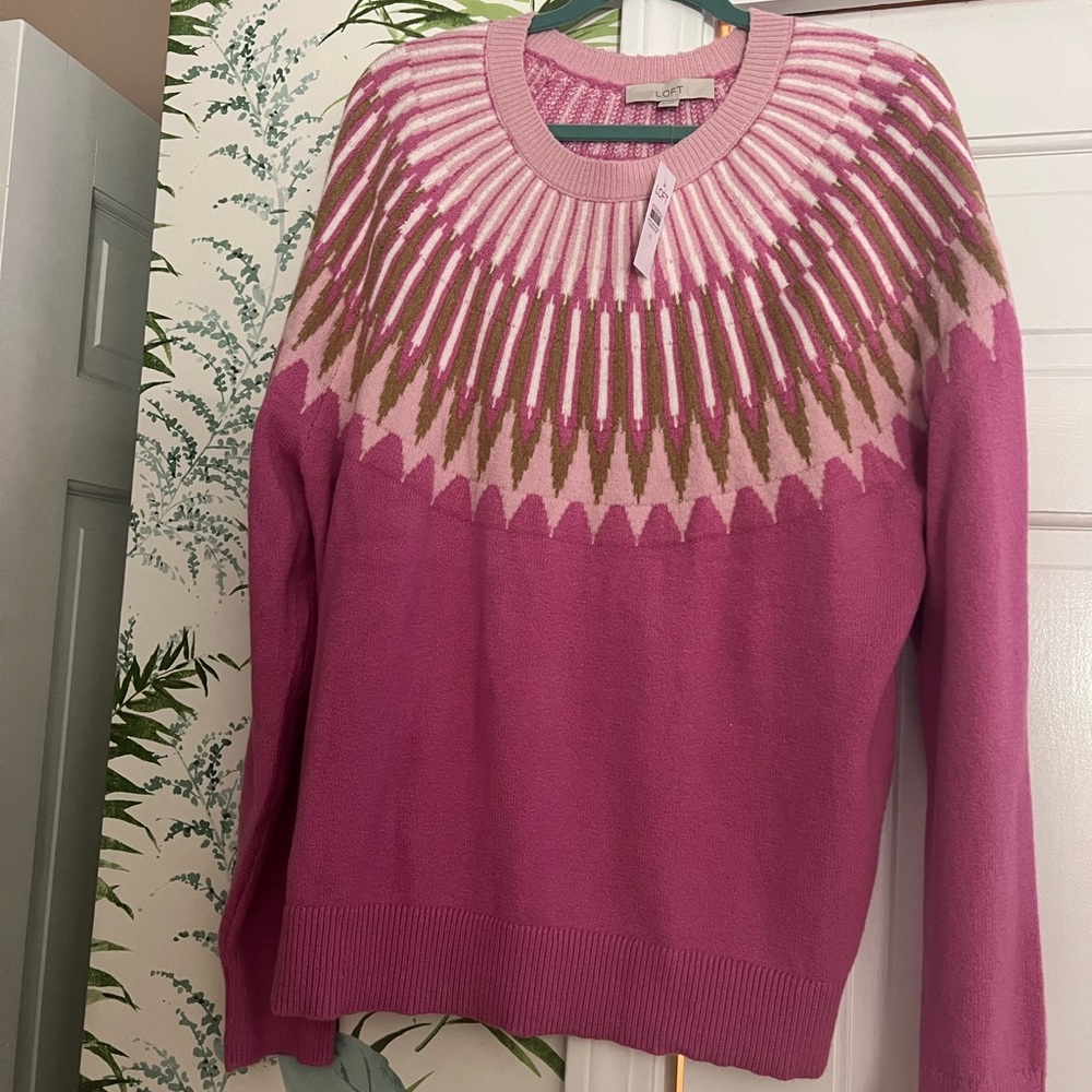 LOFT Pink Sweater with Crew Neck and Fair Isle Yoke Pattern